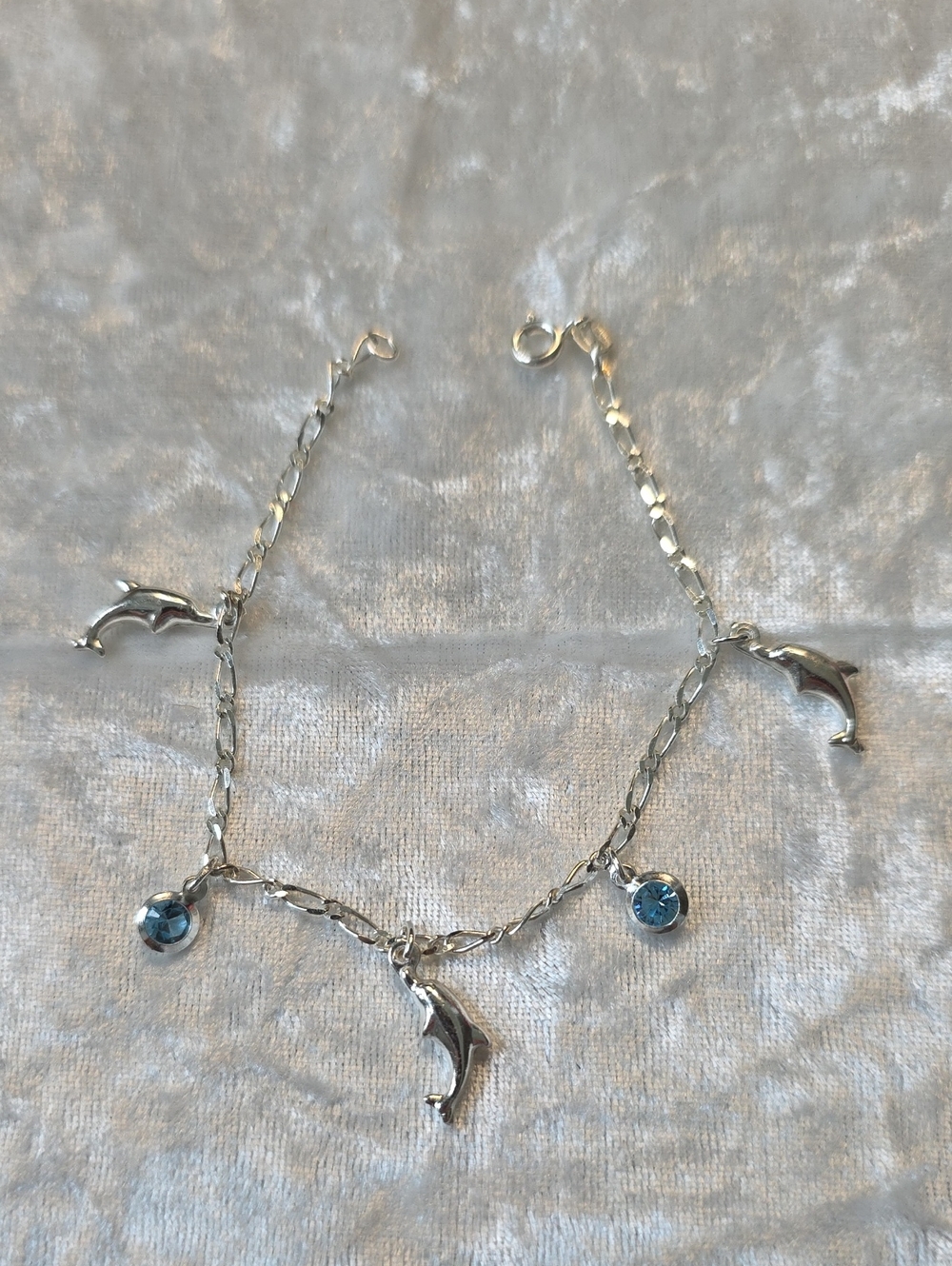 Sterling Silver Dolphin Dainty  Beach Charm Bracelet Blue Bezel Set Crystals
